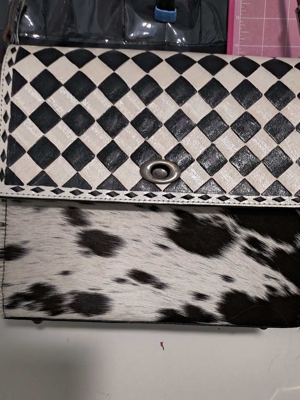 Western linen Black & White Patterned Crossbody Bag with Mixed Textures